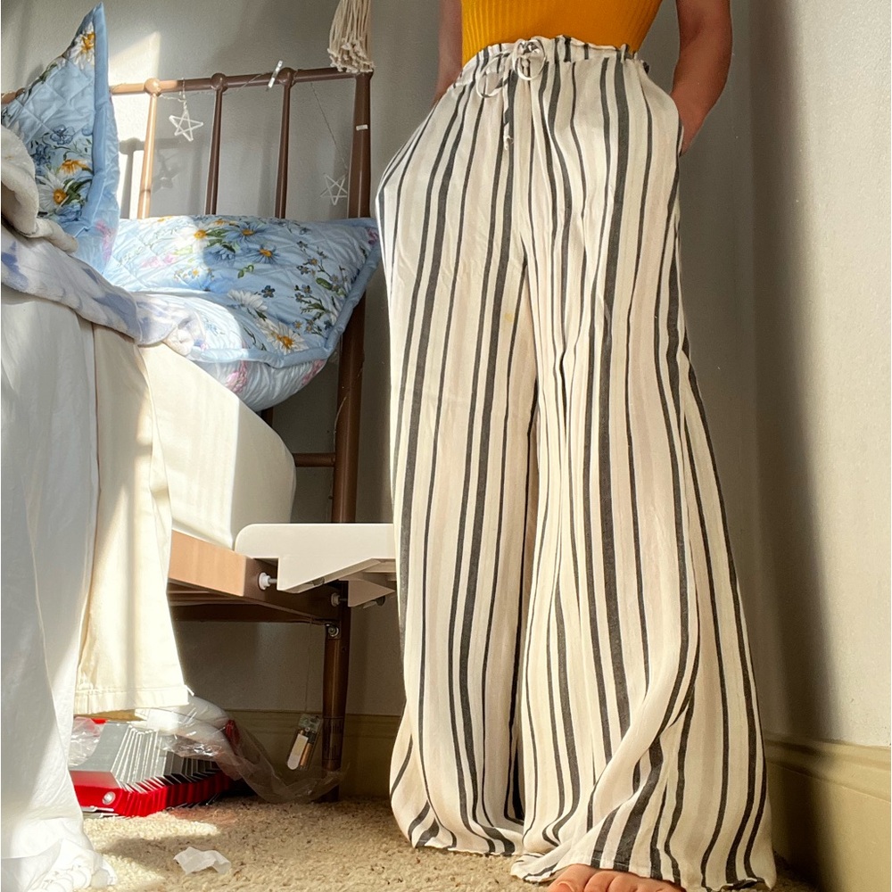 Flowy Striped Linen Pants with Waist Tie